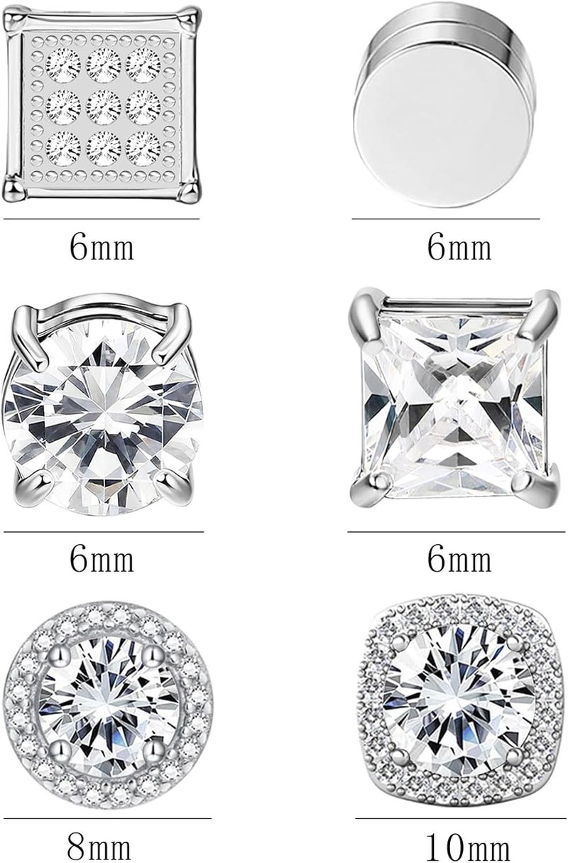 NEWITIN 6 Pairs Stainless Steel Magnetic Stud Earrings for Men Clip on Earring Magnetic Earring Unisex Non Piercing CZ Magnet Studs Diamond Earrings for Women Men - Image 2